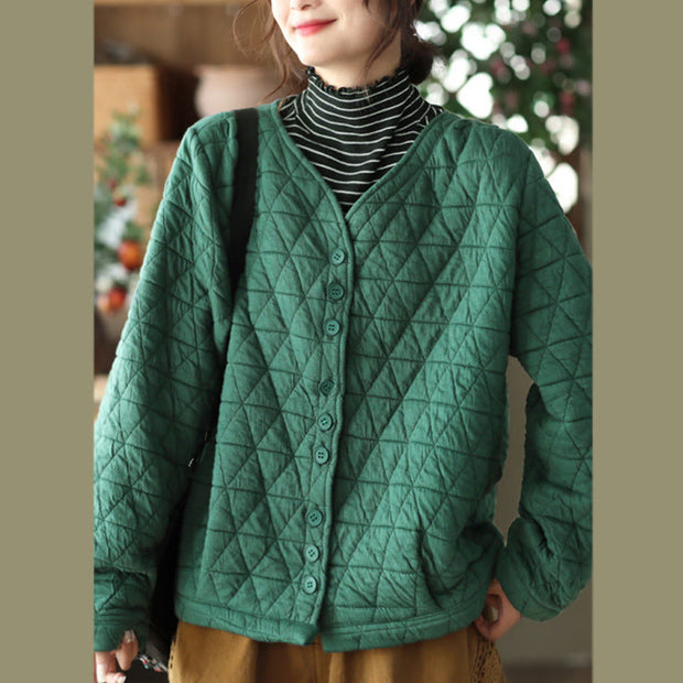 Buddha Stones Winter Cotton Long Sleeve Diamond Pattern Women's Thermal Jacket With Pockets - image 5