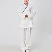 Buddha Stones 2Pcs Wudang Fall Solid Frog-Button Long Sleeve Linen Unisex Taoist Robe Kimono Pants Qigong Ceremony Suit - White - 3XL-FIT FOR US/UK/AU/EU-XL - image 0