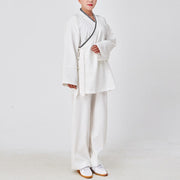 Buddha Stones 2Pcs Wudang Fall Solid Frog-Button Long Sleeve Linen Unisex Taoist Robe Kimono Pants Qigong Ceremony Suit - image 2