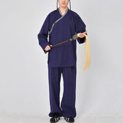 Buddha Stones 2Pcs Wudang Fall Solid Frog-Button Long Sleeve Linen Unisex Taoist Robe Kimono Pants Qigong Ceremony Suit - SteelBlue - 3XL-FIT FOR US/UK/AU/EU-XL - image 5