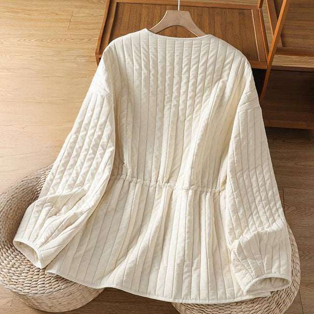 Buddha Stones Women's Plain Crew Neck Drawstring Design Long Sleeve Cotton Jacket With Pocket - image 11