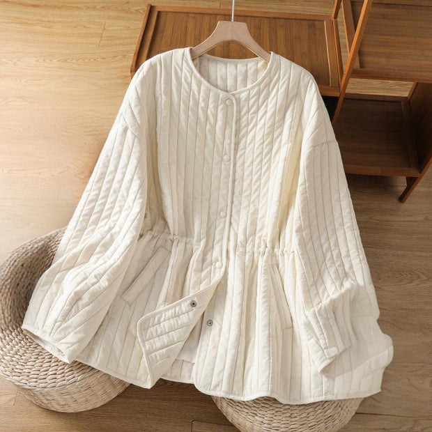 Buddha Stones Women's Plain Crew Neck Drawstring Design Long Sleeve Cotton Jacket With Pocket - Ivory - US14，UK/AU18，EU46 (2XL) - image 10