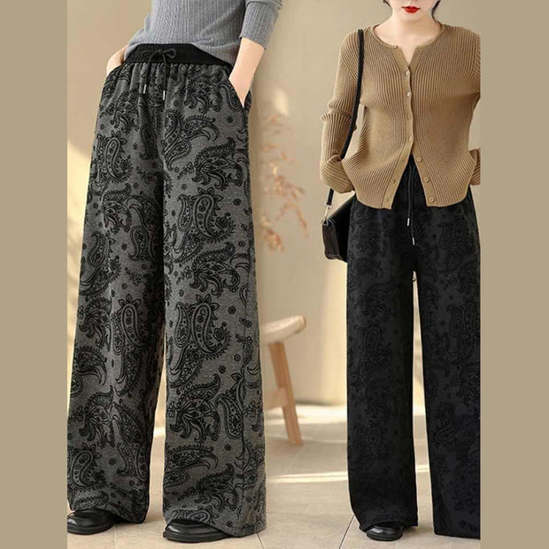 Buddha Stones Jacquard Paisley Pattern Women's Wide Leg Thermal Fleece-Lined Cotton Pants With Pockets - image 14