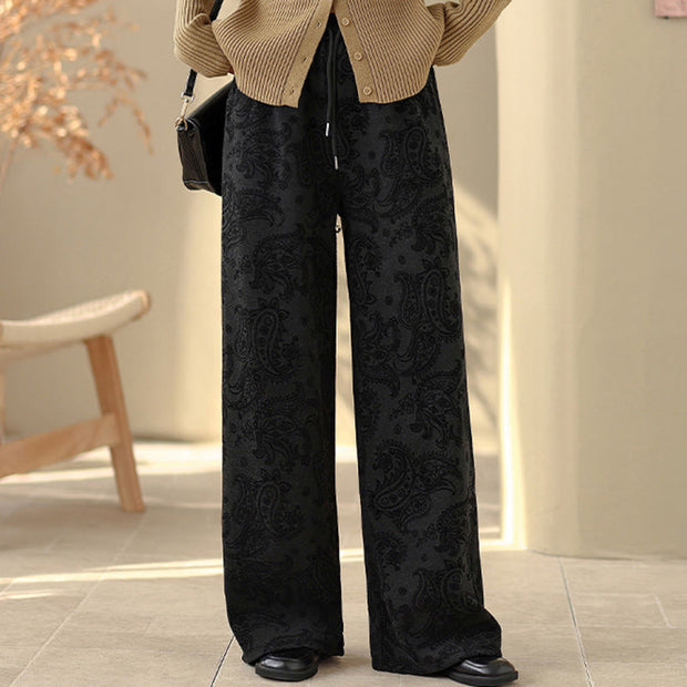 Buddha Stones Jacquard Paisley Pattern Women's Wide Leg Thermal Fleece-Lined Cotton Pants With Pockets - image 9