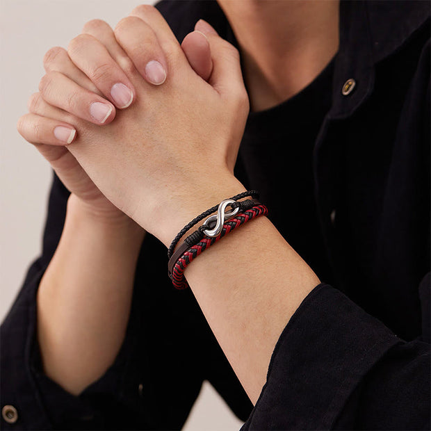 Buddha Stones Infinitely Design Titanium Steel Braided Three-layer Leather Balance Bracelet - image 10