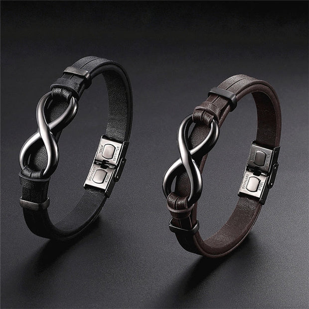 Buddha Stones Infinitely Design Titanium Steel Single Layer Leather Balance Bracelet - image 9