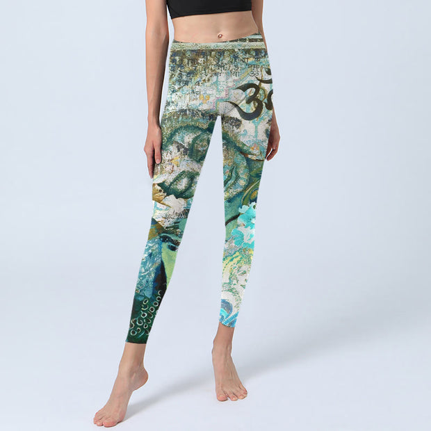 Buddha Stones Om Symbol Human Figure Peacock Lotus Pattern Print Gym Leggings Women's Yoga Pants - image 5