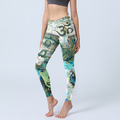 Buddha Stones Om Symbol Human Figure Peacock Lotus Pattern Print Gym Leggings Women's Yoga Pants - OliveDrab - US18，UK/AU22，EU50 (4XL) - image 0