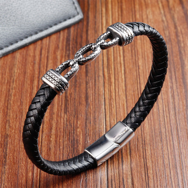 Buddha Stones Handmade Chain Link Design Titanium Steel Leather Strengthen Bracelet - Single Layer(Wrist Circumference: 17-19cm) - image 9