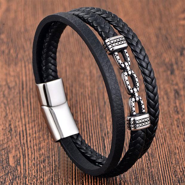 Buddha Stones Handmade Chain Link Design Titanium Steel Leather Strengthen Bracelet - Multi Layer(Wrist Circumference: 17-19cm) - image 0