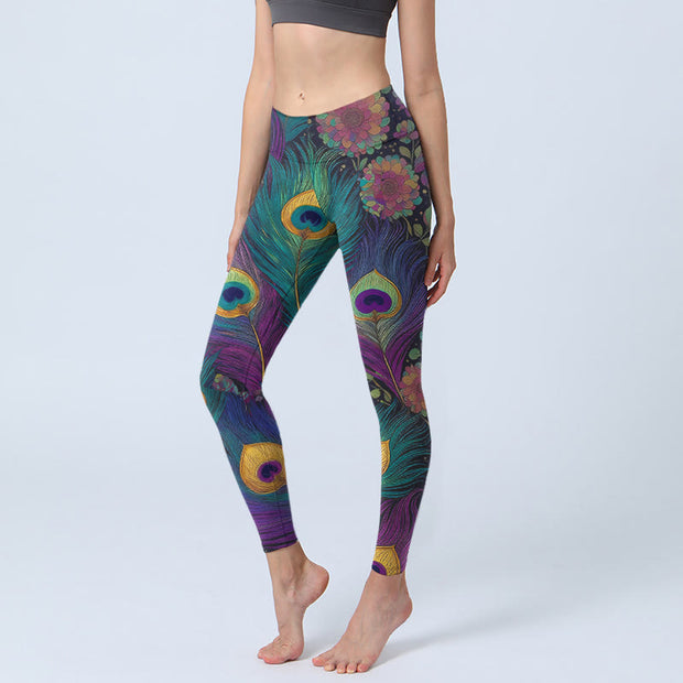 Buddha Stones Gorgeous Peacock Feather Flower Pattern Print Gym Leggings Women's Yoga Pants - DarkOrchid - US18，UK/AU22，EU50 (4XL) - image 0