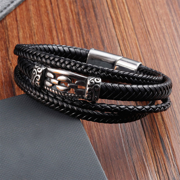 Buddha Stones Chain Link Design Titanium Steel Multi-layer Leather Balance Braided Bracelet - image 4