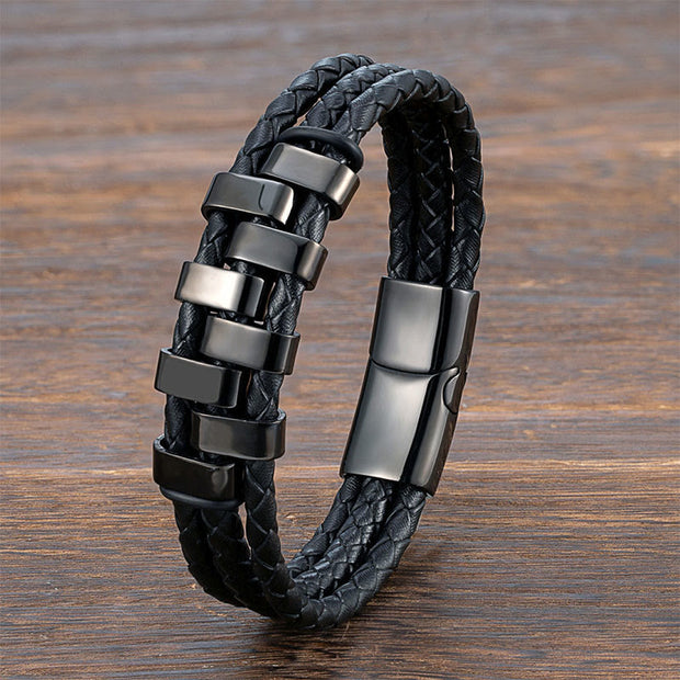 Buddha Stones Geometric Design Titanium Steel Leather Strengthen Bracelet - image 0
