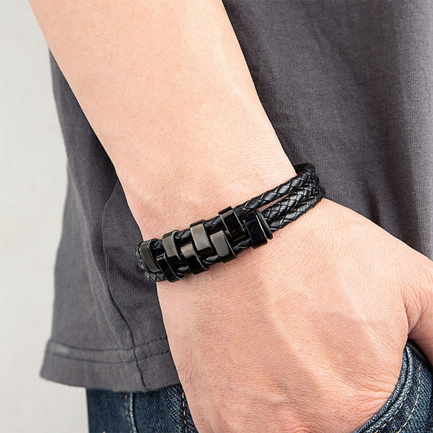 Buddha Stones Geometric Design Titanium Steel Leather Strengthen Bracelet - image 2