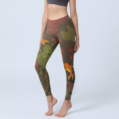 Buddha Stones Colorful Koi Fish Water Ripples Plant Pattern Print Gym Leggings Women's Yoga Pants - DarkOliveGreen - US18，UK/AU22，EU50 (4XL) - image 0