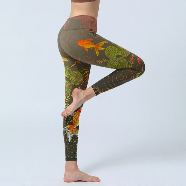 Buddha Stones Colorful Koi Fish Water Ripples Plant Pattern Print Gym Leggings Women's Yoga Pants - image 4