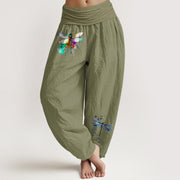 Buddha Stones Pure Cotton Dreamy Dragonfly Pattern Women's Elastic Waist Harem Pants - OliveDrab - US16，UK/AU20，EU48 (3XL) - image 14