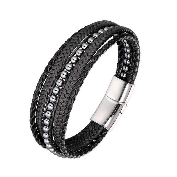 Buddha Stones Hematite Indian Agate Tiger Eye Amazonite Beaded Leather Strengthen Bracelet - Hematite Silver Buckle - 19-21cm - image 10