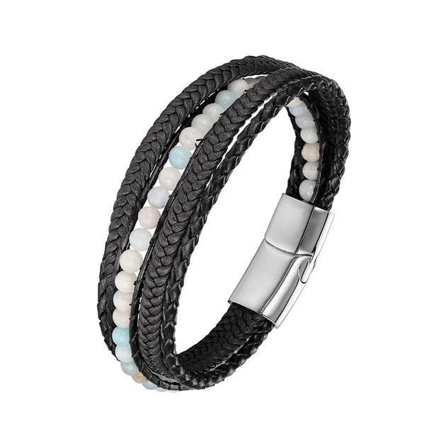 Buddha Stones Hematite Indian Agate Tiger Eye Amazonite Beaded Leather Strengthen Bracelet - Amazonite Silver Buckle - 19-21cm - image 8