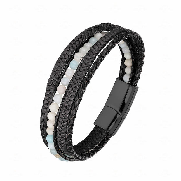 Buddha Stones Hematite Indian Agate Tiger Eye Amazonite Beaded Leather Strengthen Bracelet - Amazonite Black Buckle - 19-21cm - image 25