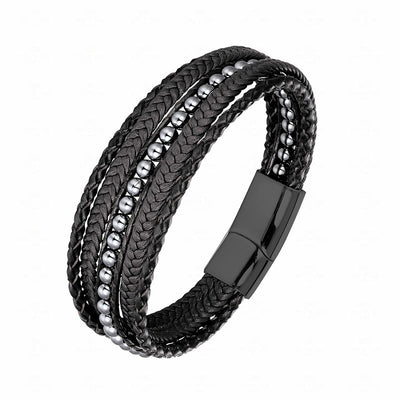 Buddha Stones Hematite Indian Agate Tiger Eye Amazonite Beaded Leather Strengthen Bracelet - Hematite Black Buckle - 19-21cm - image 0