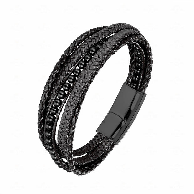 Buddha Stones Hematite Indian Agate Tiger Eye Amazonite Beaded Leather Strengthen Bracelet - Black Onyx Black Buckle - 19-21cm - image 24