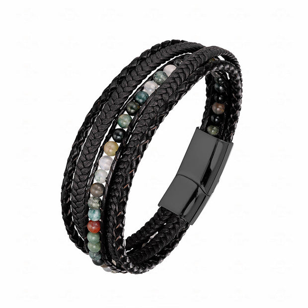 Buddha Stones Hematite Indian Agate Tiger Eye Amazonite Beaded Leather Strengthen Bracelet - Indian Agate Black Buckle - 19-21cm - image 22