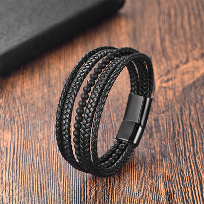 Buddha Stones Matte Frosting Black Onyx Leather Fortune Multilayered Braided Bracelet - Black Onyx(Wrist Circumference: 17-19cm) - image 0