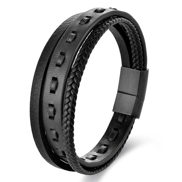 Buddha Stones Titanium Steel Buckle Multilayered Braided Leather Calm Bracelet - Black Multi Layer(Wrist Circumference: 17-19cm) - image 1