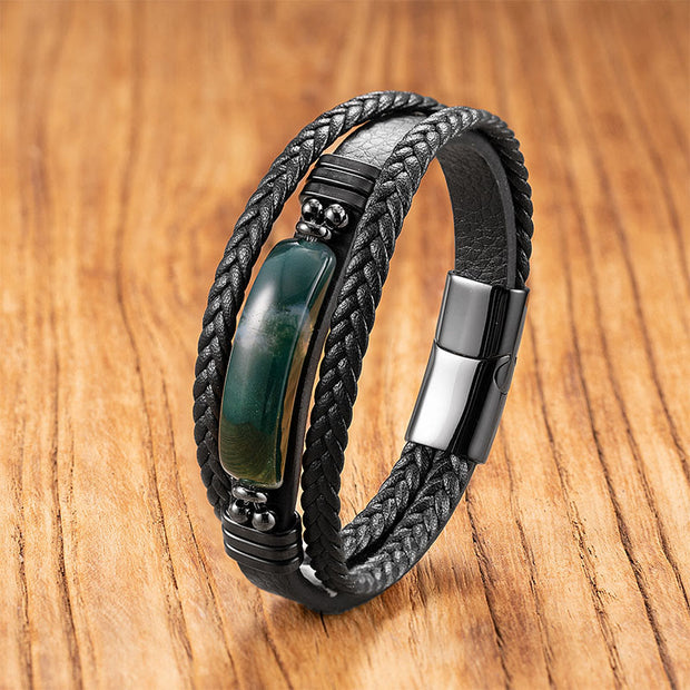 Buddha Stones Hematite Lazurite Black Glitter Stone Pink Crystal Titanium Steel Leather Strengthen Bracelet - Agate(C Style) - 19-21cm - image 23