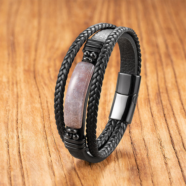 Buddha Stones Hematite Lazurite Black Glitter Stone Pink Crystal Titanium Steel Leather Strengthen Bracelet - Agate(D Style) - 19-21cm - image 24