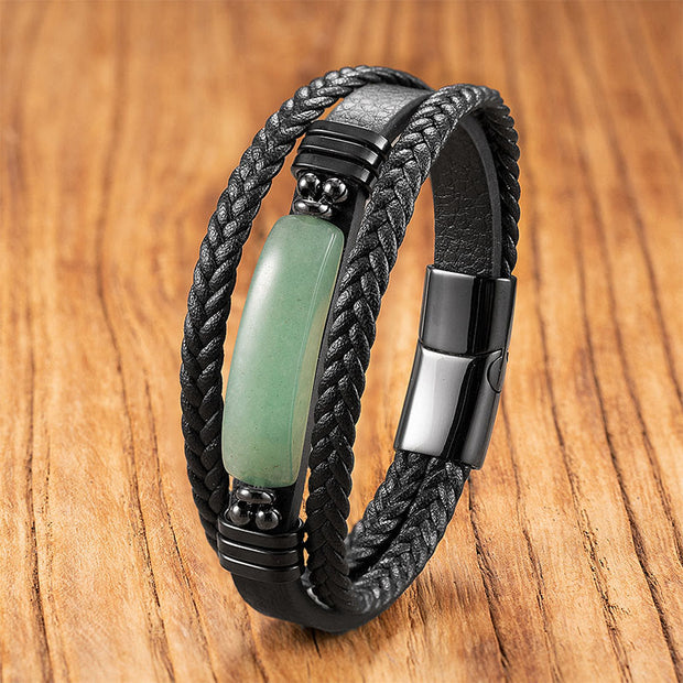 Buddha Stones Hematite Lazurite Black Glitter Stone Pink Crystal Titanium Steel Leather Strengthen Bracelet - Green Aventurine - 19-21cm - image 16