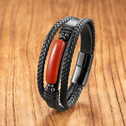 Buddha Stones Hematite Lazurite Black Glitter Stone Pink Crystal Titanium Steel Leather Strengthen Bracelet - Red Stone - 19-21cm - image 9