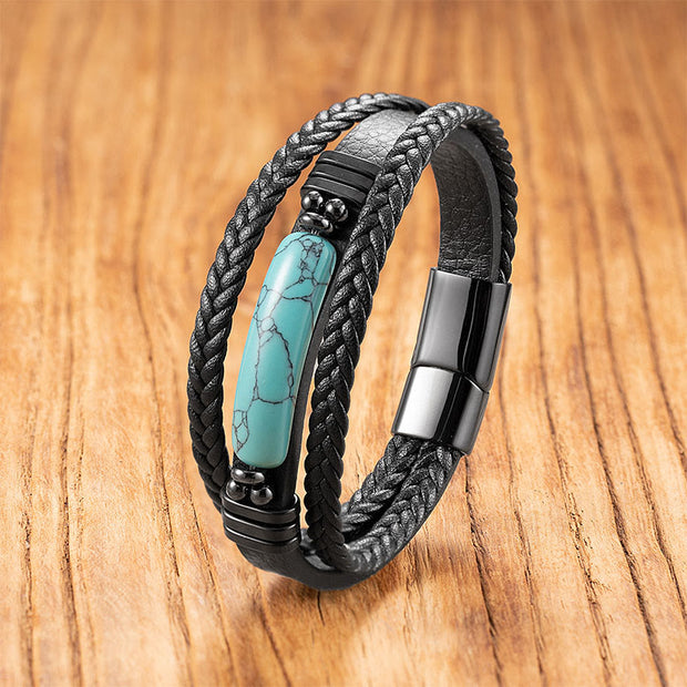 Buddha Stones Hematite Lazurite Black Glitter Stone Pink Crystal Titanium Steel Leather Strengthen Bracelet - Turquoise - 19-21cm - image 10