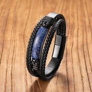 Buddha Stones Hematite Lazurite Black Glitter Stone Pink Crystal Titanium Steel Leather Strengthen Bracelet - Lazurite - 19-21cm - image 3