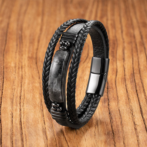 Buddha Stones Hematite Lazurite Black Glitter Stone Pink Crystal Titanium Steel Leather Strengthen Bracelet - Black Glitter Stone - 19-21cm - image 5