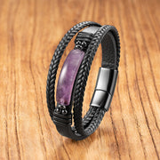 Buddha Stones Hematite Lazurite Black Glitter Stone Pink Crystal Titanium Steel Leather Strengthen Bracelet - Amethyst - 19-21cm - image 12