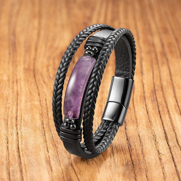 Buddha Stones Hematite Lazurite Black Glitter Stone Pink Crystal Titanium Steel Leather Strengthen Bracelet - Amethyst - 19-21cm - image 12