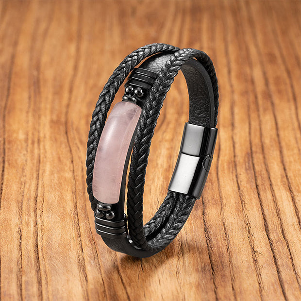 Buddha Stones Hematite Lazurite Black Glitter Stone Pink Crystal Titanium Steel Leather Strengthen Bracelet - Pink Crystal - 19-21cm - image 7