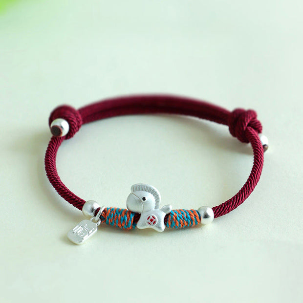 Buddha Stones 999 Sterling Silver Year Of The Horse Fu Character Charm Colorful String Rope Luck Bracelet - Silver Horse  Red Rope(Wrist Circumference: 14-19cm) - image 16