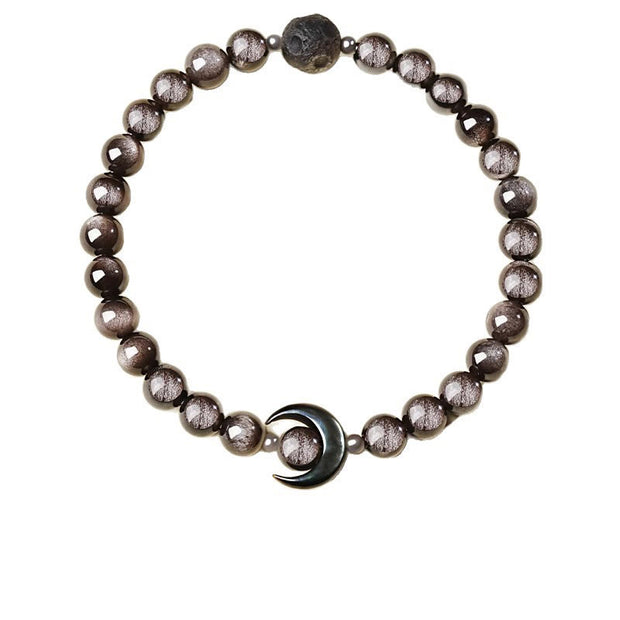 Buddha Stones Moon Design Natural Silver Sheen Obsidian Protection Beaded Bracelet - image 5