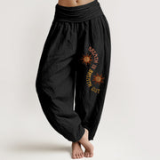 Buddha Stones Pure Cotton Warm Tones Sun English Phrases Pattern Women's Elastic Waist Harem Pants - Black - US16，UK/AU20，EU48 (3XL) - image 0