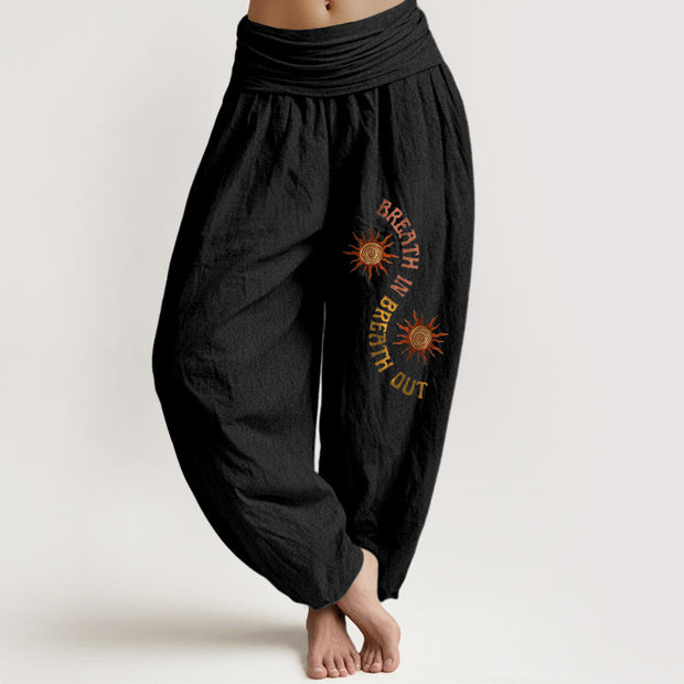 Buddha Stones Pure Cotton Warm Tones Sun English Phrases Pattern Women's Elastic Waist Harem Pants - Black - US16，UK/AU20，EU48 (3XL) - image 0