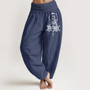 Buddha Stones Pure Cotton Concise Lotus Buddha Pattern Women's Elastic Waist Harem Pants - DarkSlateBlue - US16，UK/AU20，EU48 (3XL) - image 0
