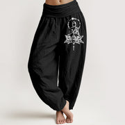 Buddha Stones Pure Cotton Concise Lotus Buddha Pattern Women's Elastic Waist Harem Pants - Black - US16，UK/AU20，EU48 (3XL) - image 5