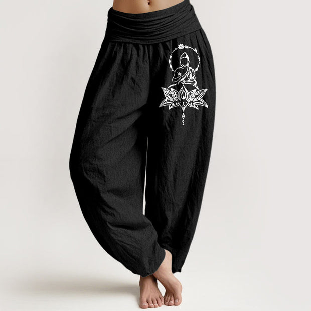 Buddha Stones Pure Cotton Concise Lotus Buddha Pattern Women's Elastic Waist Harem Pants - Black - US16，UK/AU20，EU48 (3XL) - image 5