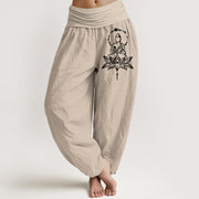 Buddha Stones Pure Cotton Concise Lotus Buddha Pattern Women's Elastic Waist Harem Pants - Tan - US16，UK/AU20，EU48 (3XL) - image 11