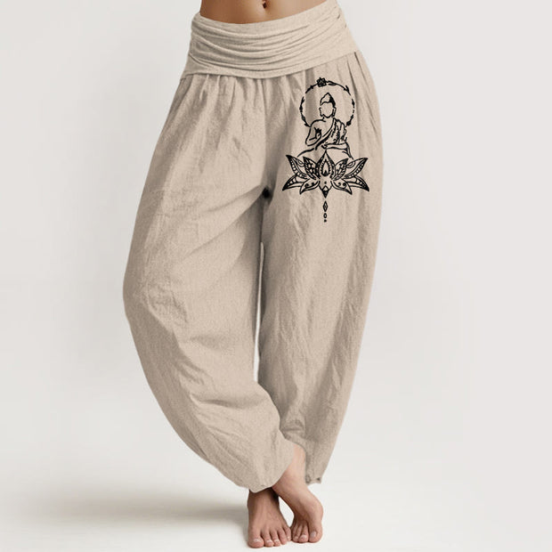 Buddha Stones Pure Cotton Concise Lotus Buddha Pattern Women's Elastic Waist Harem Pants - Tan - US16，UK/AU20，EU48 (3XL) - image 11