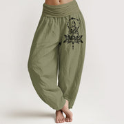 Buddha Stones Pure Cotton Concise Lotus Buddha Pattern Women's Elastic Waist Harem Pants - OliveDrab - US16，UK/AU20，EU48 (3XL) - image 14