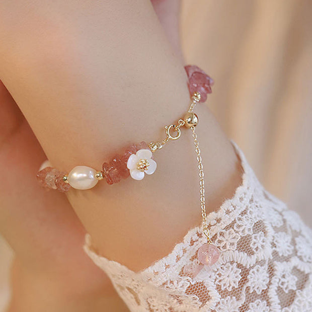Buddha Stones White Flower Pearl Natural Irregular Strawberry Quartz Healing Chain Bracelet - image 2